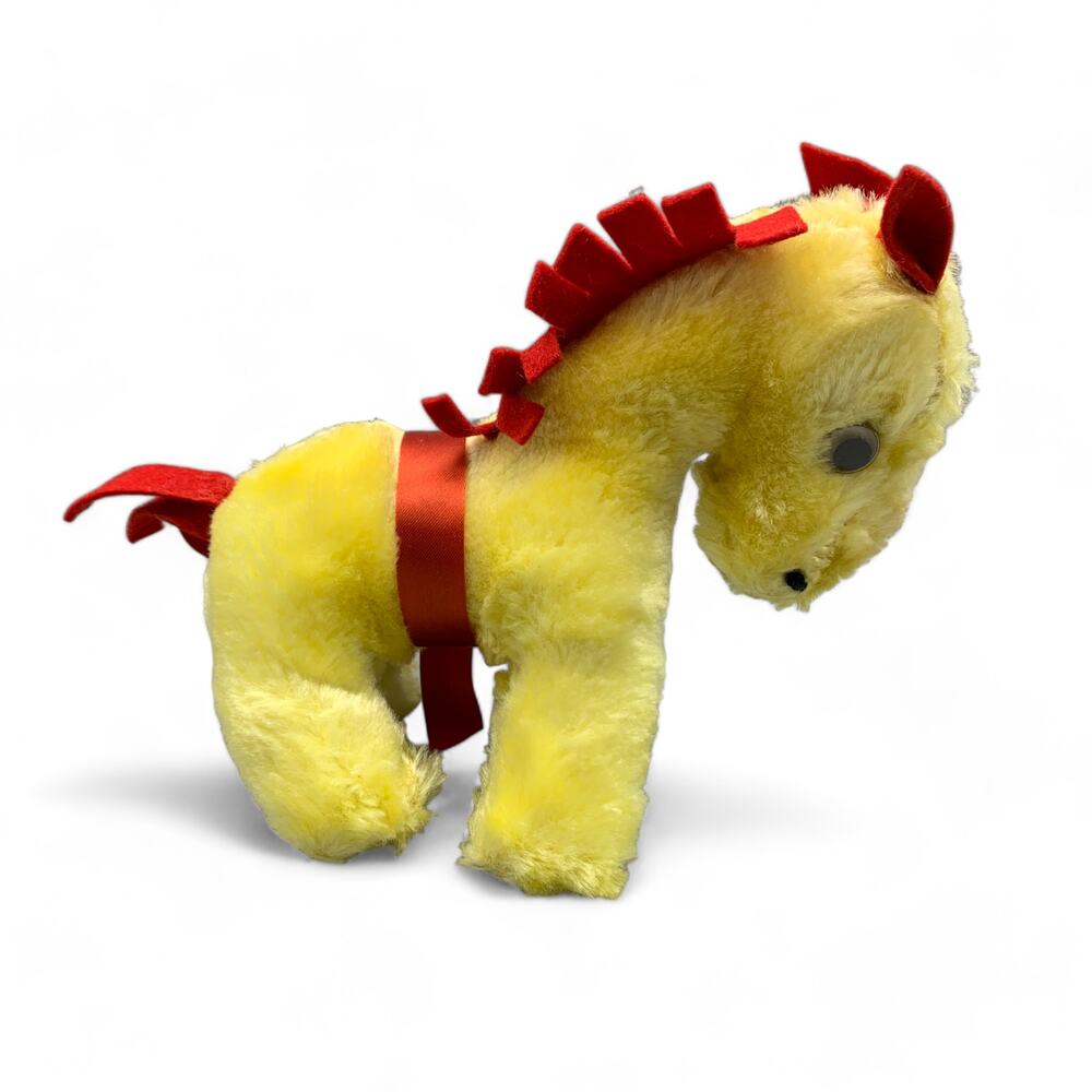 1960s Pony Stuffed Animal Googly Eyes Red Ears Mane Tail Yellow Body VTG Kitsch